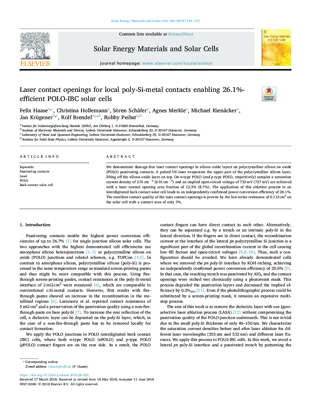 Laser contact openings for local poly-Si-metal contacts enabling 26.1%-efficient POLO-IBC solar cells