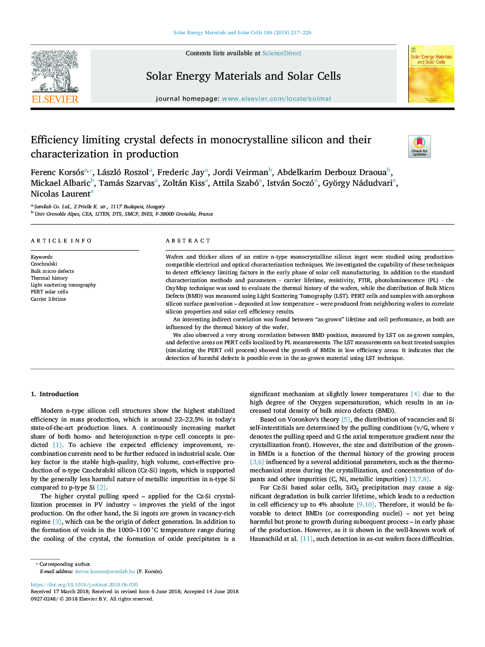 Efficiency limiting crystal defects in monocrystalline silicon and their characterization in production