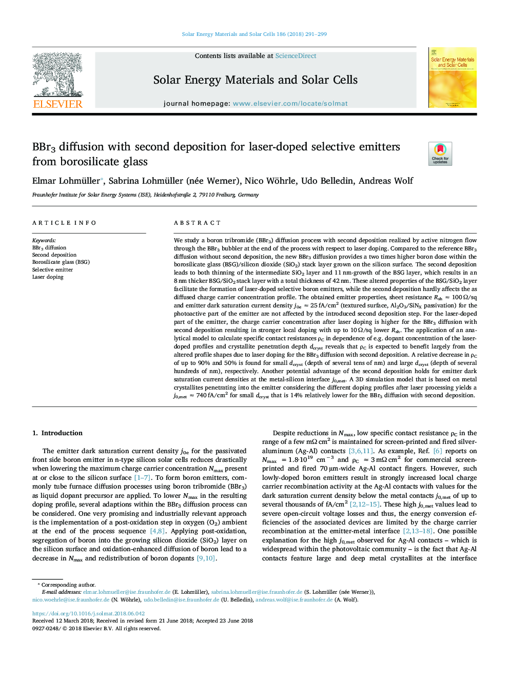 BBr3 diffusion with second deposition for laser-doped selective emitters from borosilicate glass