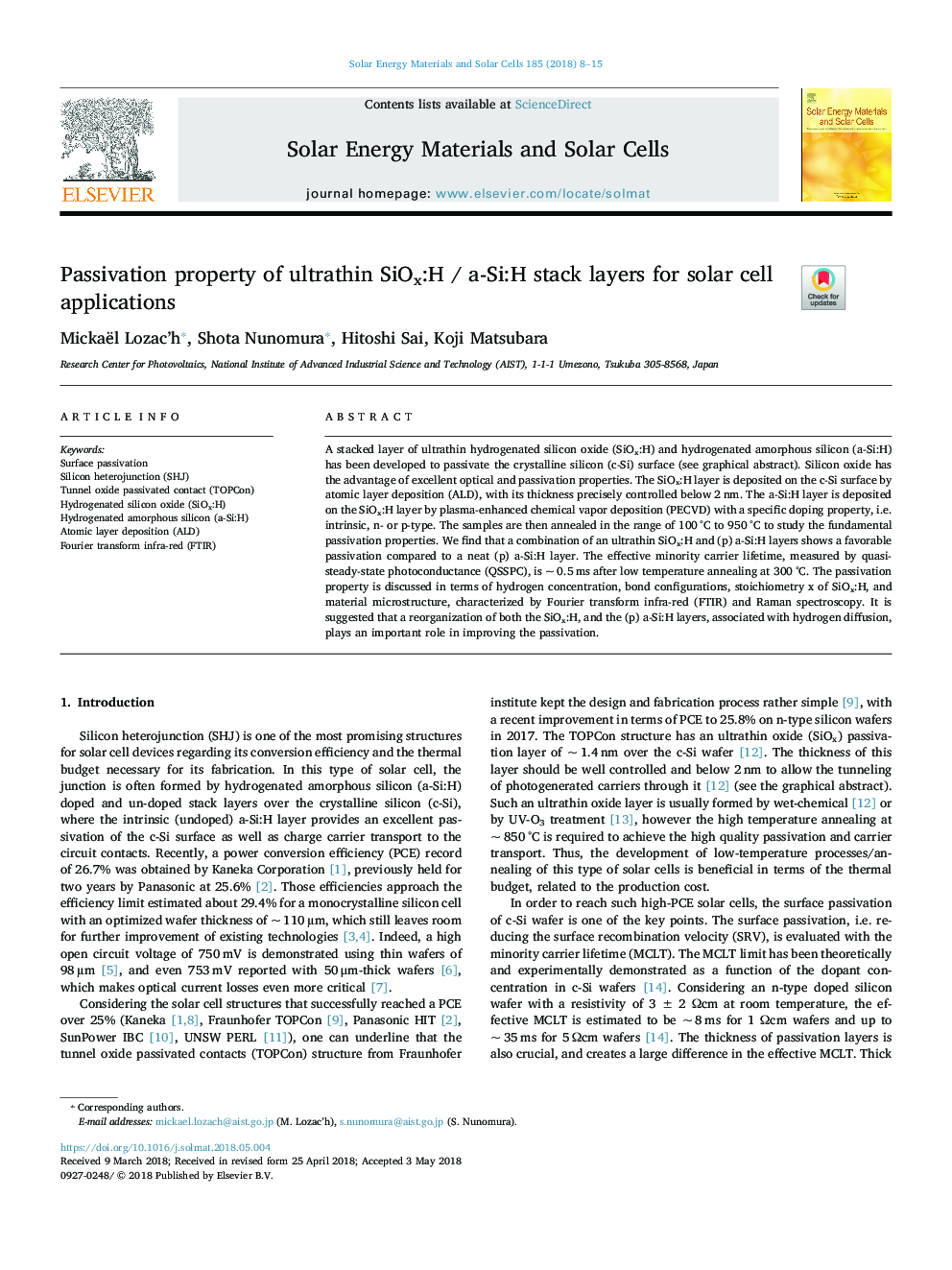 Passivation property of ultrathin SiOx:H / a-Si:H stack layers for solar cell applications