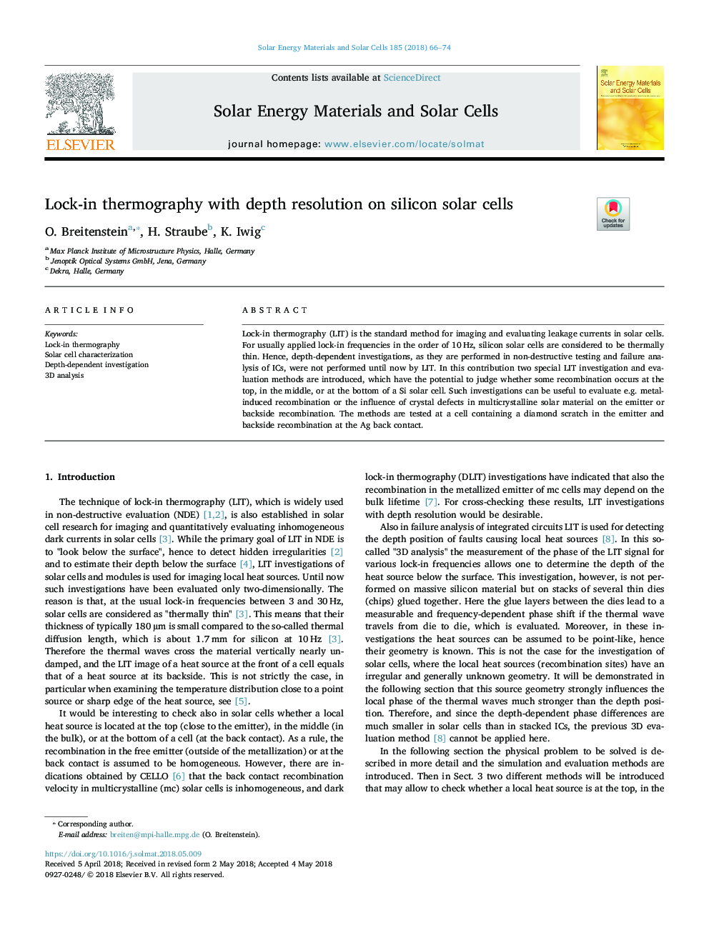 Lock-in thermography with depth resolution on silicon solar cells