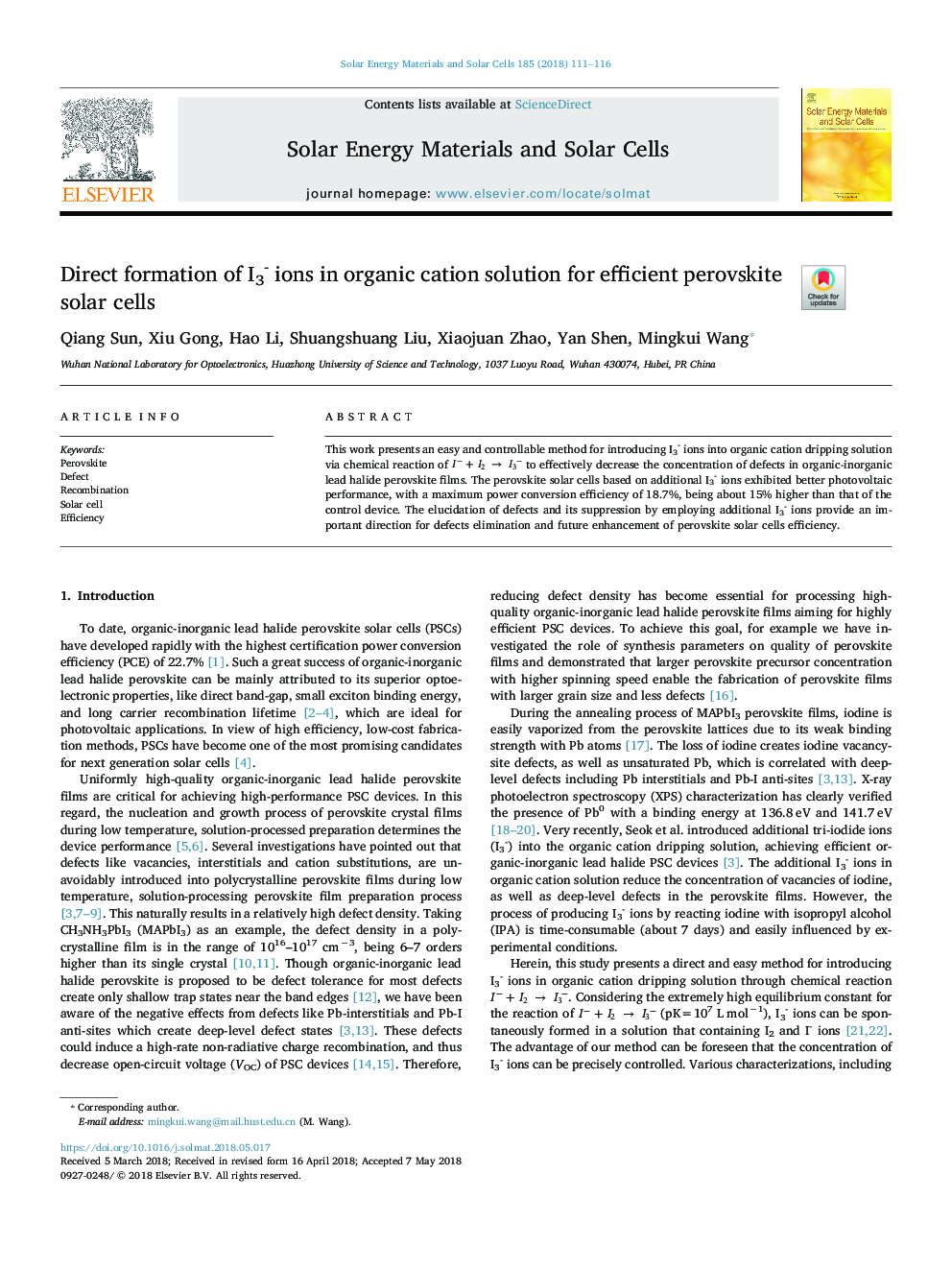 Direct formation of I3- ions in organic cation solution for efficient perovskite solar cells