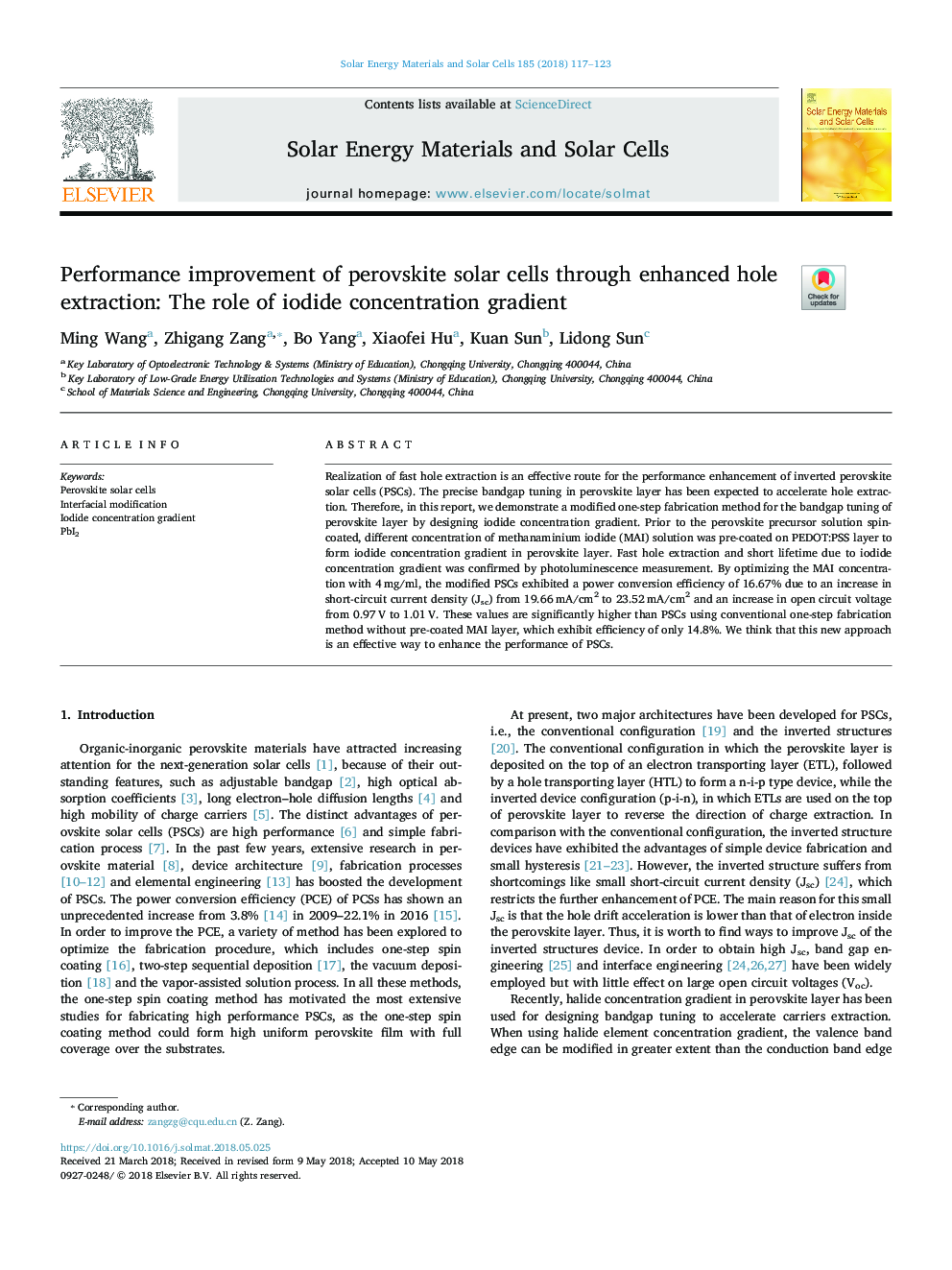 Performance improvement of perovskite solar cells through enhanced hole extraction: The role of iodide concentration gradient