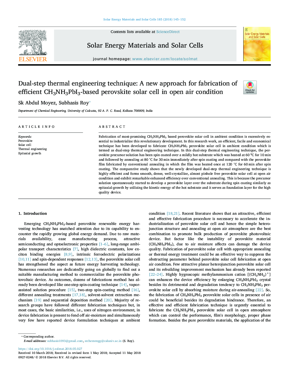 Dual-step thermal engineering technique: A new approach for fabrication of efficient CH3NH3PbI3-based perovskite solar cell in open air condition