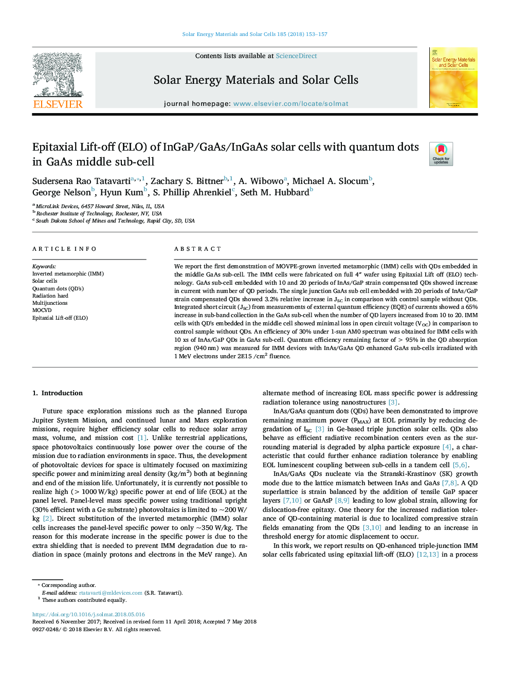 Epitaxial Lift-off (ELO) of InGaP/GaAs/InGaAs solar cells with quantum dots in GaAs middle sub-cell