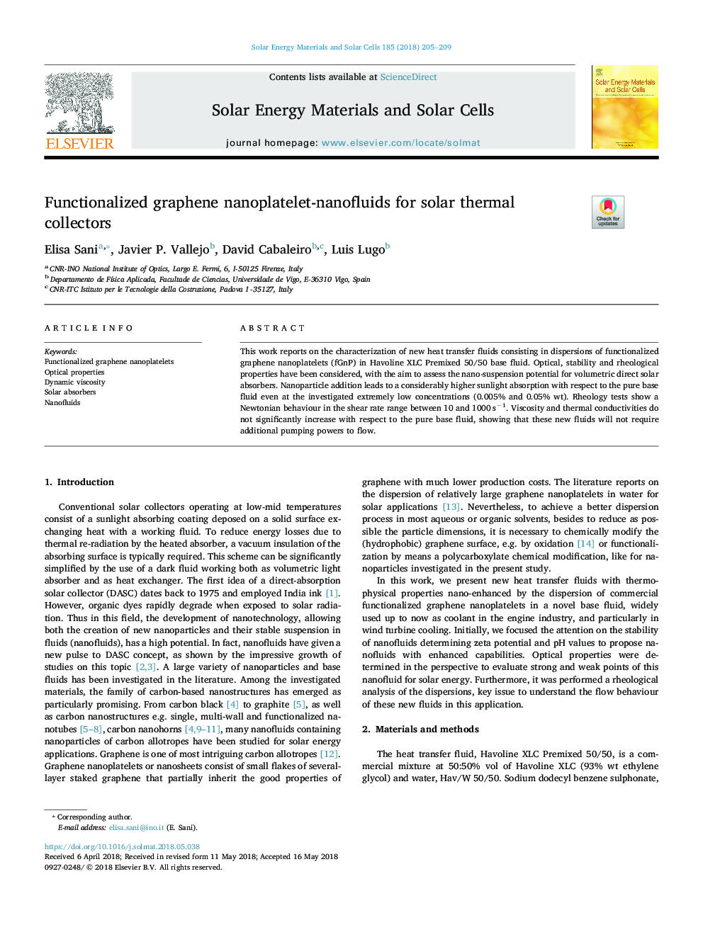 Functionalized graphene nanoplatelet-nanofluids for solar thermal collectors