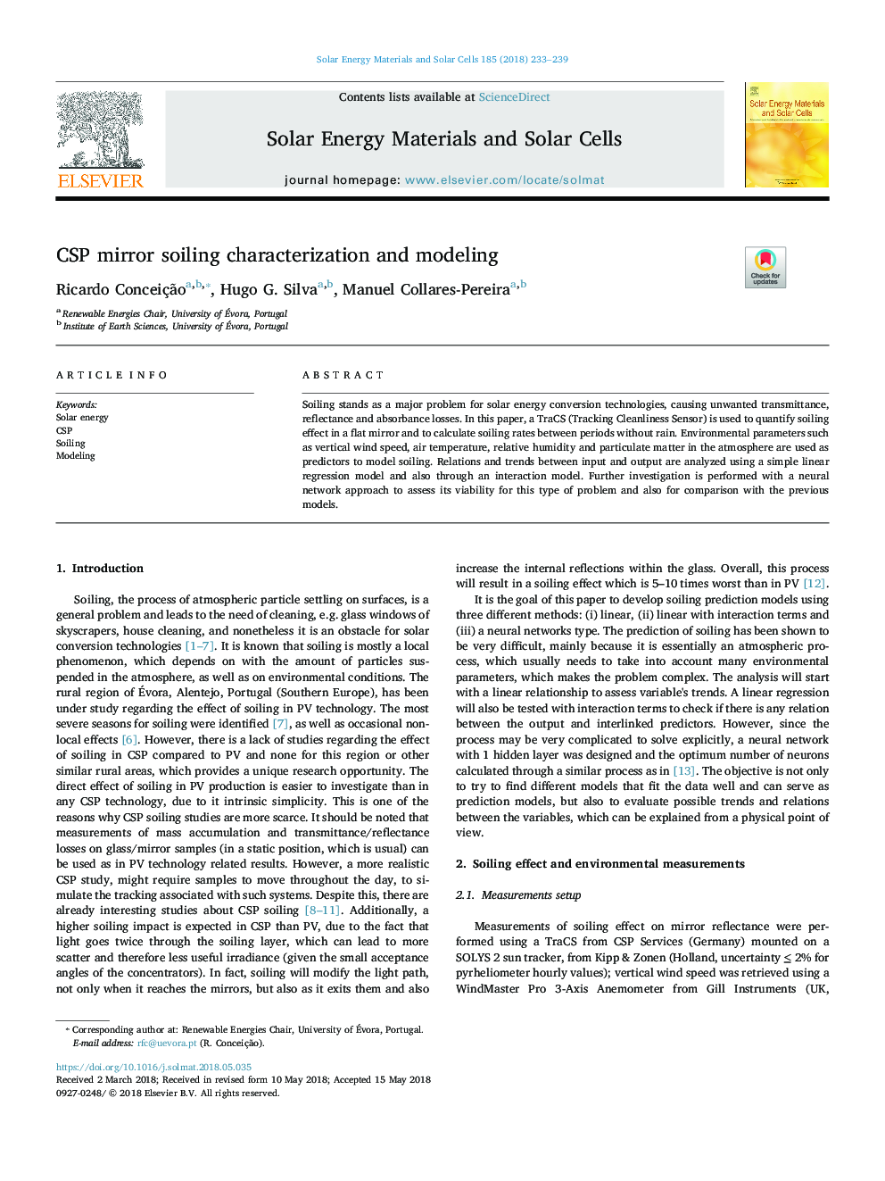 CSP mirror soiling characterization and modeling