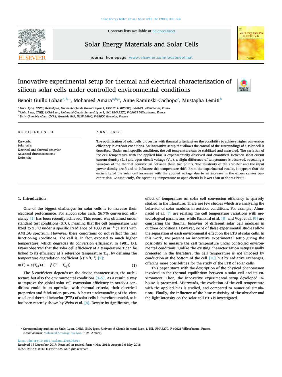 Innovative experimental setup for thermal and electrical characterization of silicon solar cells under controlled environmental conditions