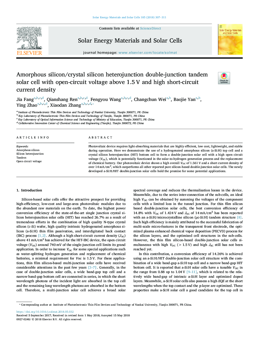 Amorphous silicon/crystal silicon heterojunction double-junction tandem solar cell with open-circuit voltage above 1.5â¯V and high short-circuit current density