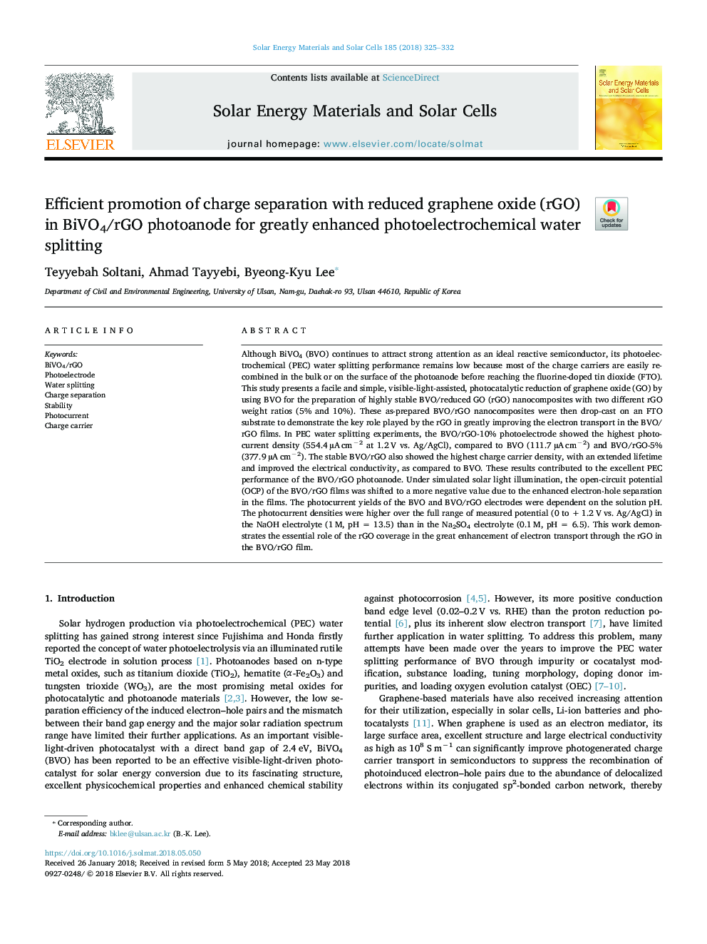 Efficient promotion of charge separation with reduced graphene oxide (rGO) in BiVO4/rGO photoanode for greatly enhanced photoelectrochemical water splitting