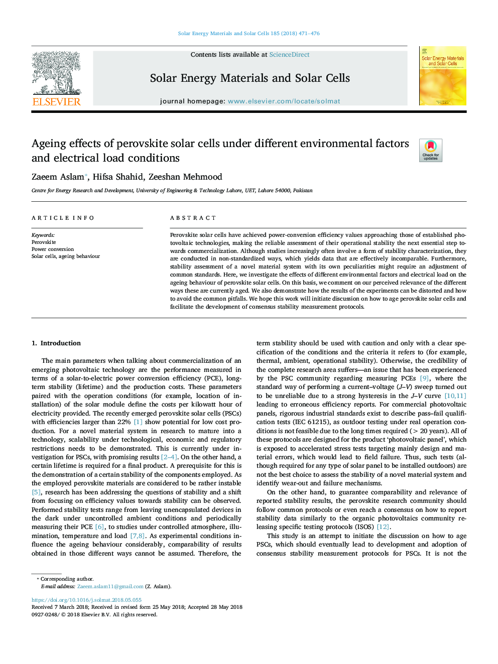 RETRACTED: Ageing effects of perovskite solar cells under different environmental factors and electrical load conditions