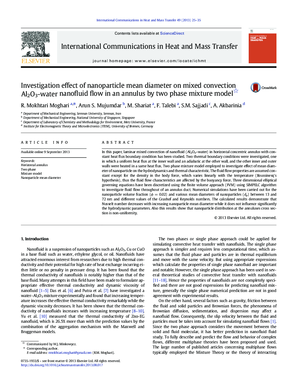 Investigation effect of nanoparticle mean diameter on mixed convection Al2O3-water nanofluid flow in an annulus by two phase mixture model