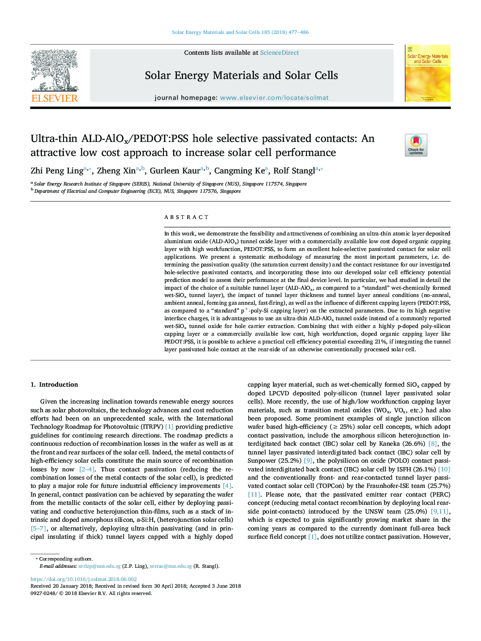 Ultra-thin ALD-AlOx/PEDOT:PSS hole selective passivated contacts: An attractive low cost approach to increase solar cell performance