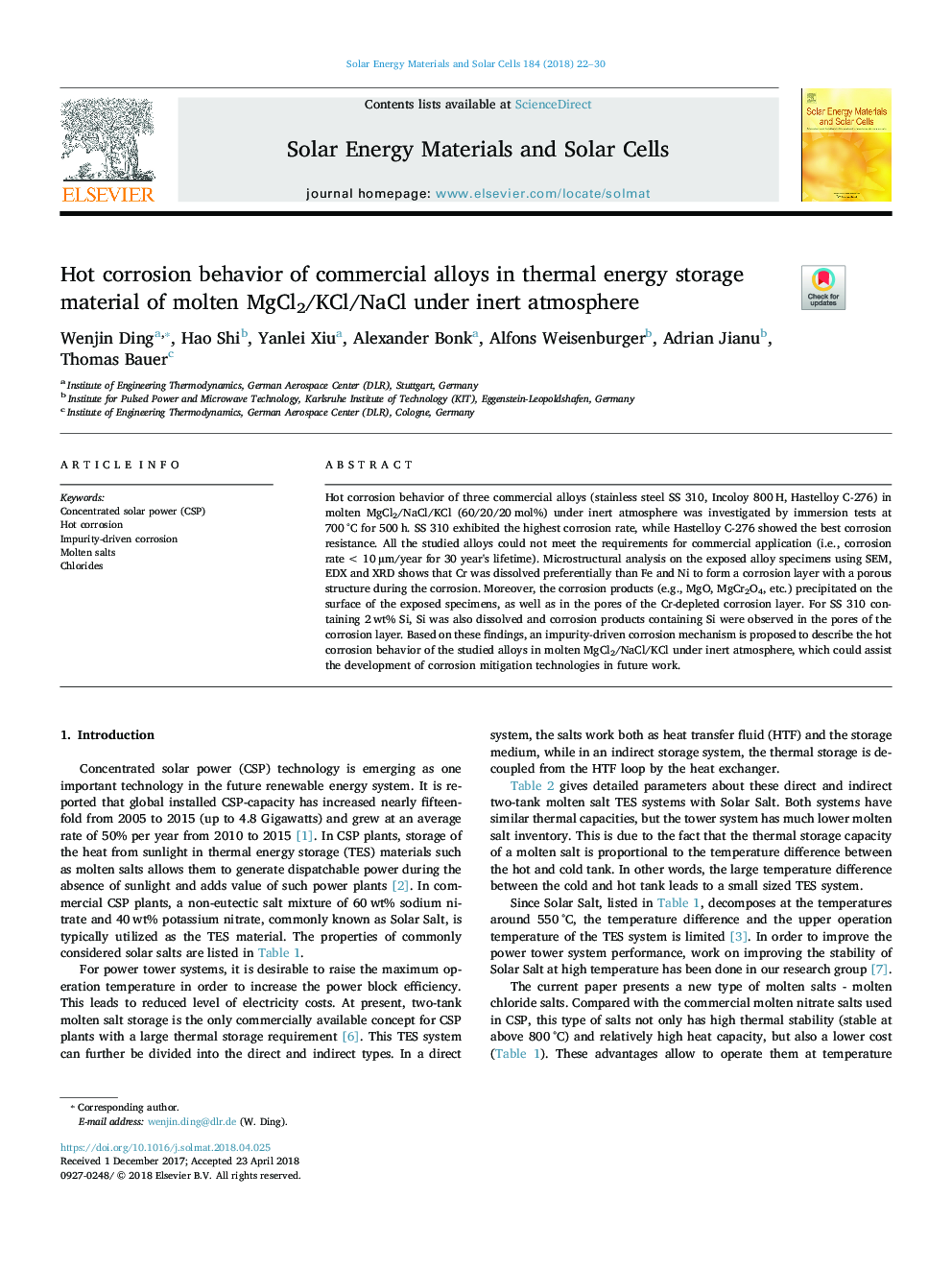 Hot corrosion behavior of commercial alloys in thermal energy storage material of molten MgCl2/KCl/NaCl under inert atmosphere