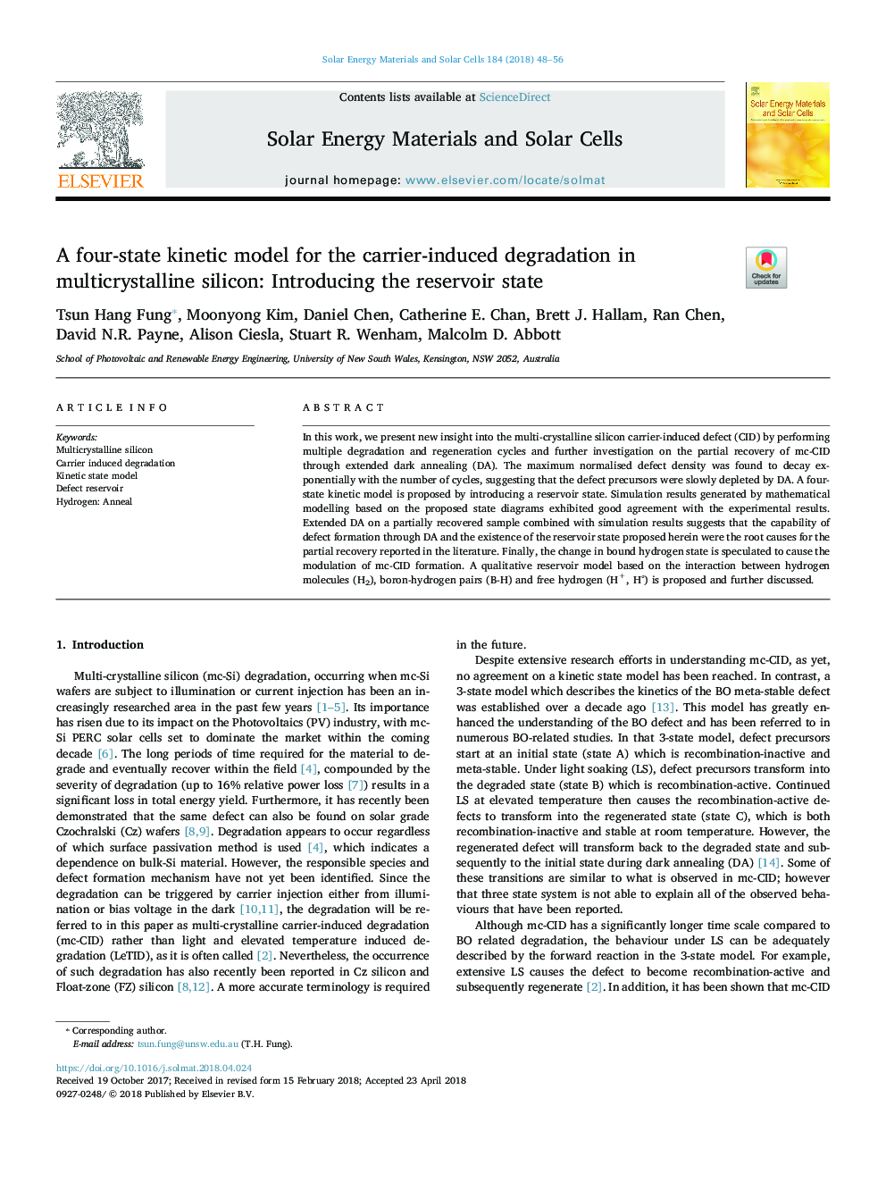 A four-state kinetic model for the carrier-induced degradation in multicrystalline silicon: Introducing the reservoir state