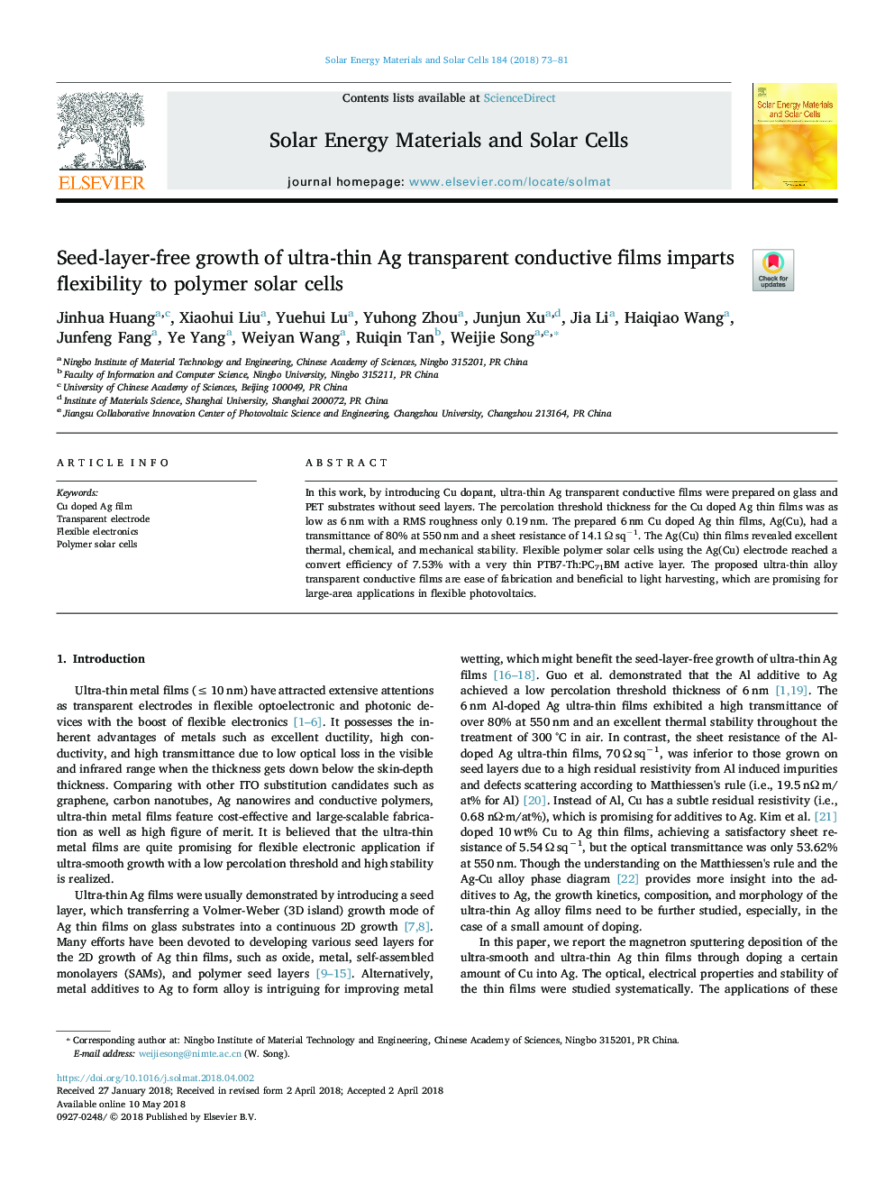 Seed-layer-free growth of ultra-thin Ag transparent conductive films imparts flexibility to polymer solar cells