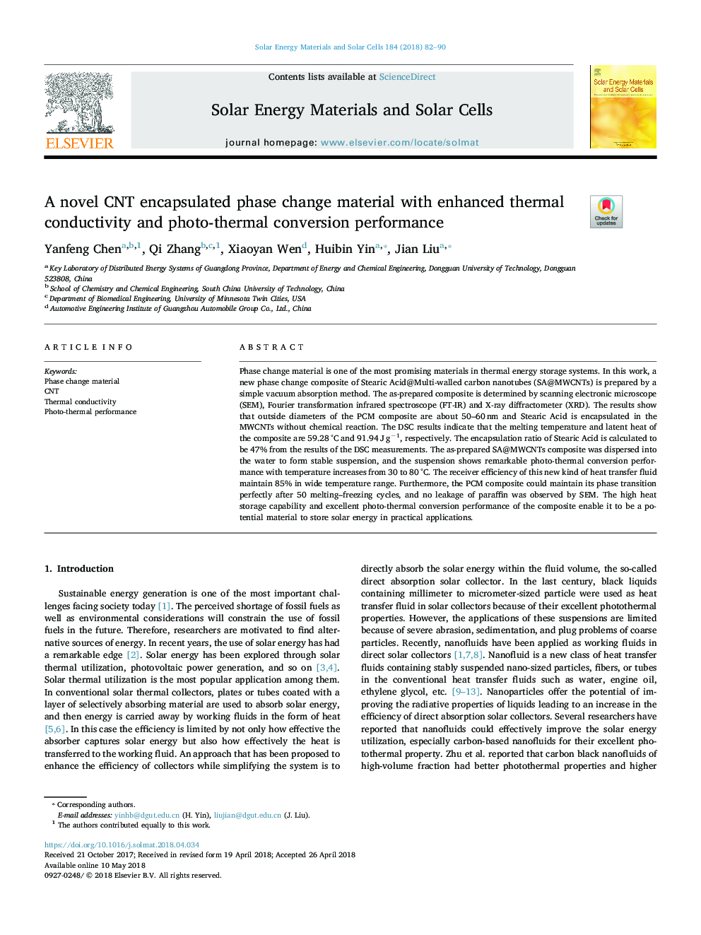 A novel CNT encapsulated phase change material with enhanced thermal conductivity and photo-thermal conversion performance