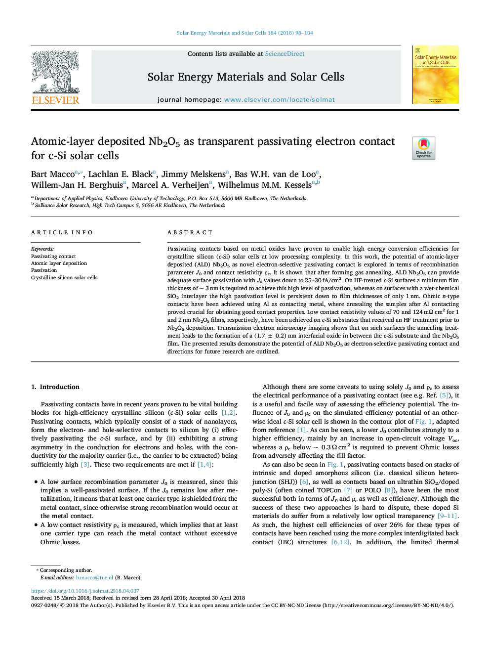 Atomic-layer deposited Nb2O5 as transparent passivating electron contact for c-Si solar cells