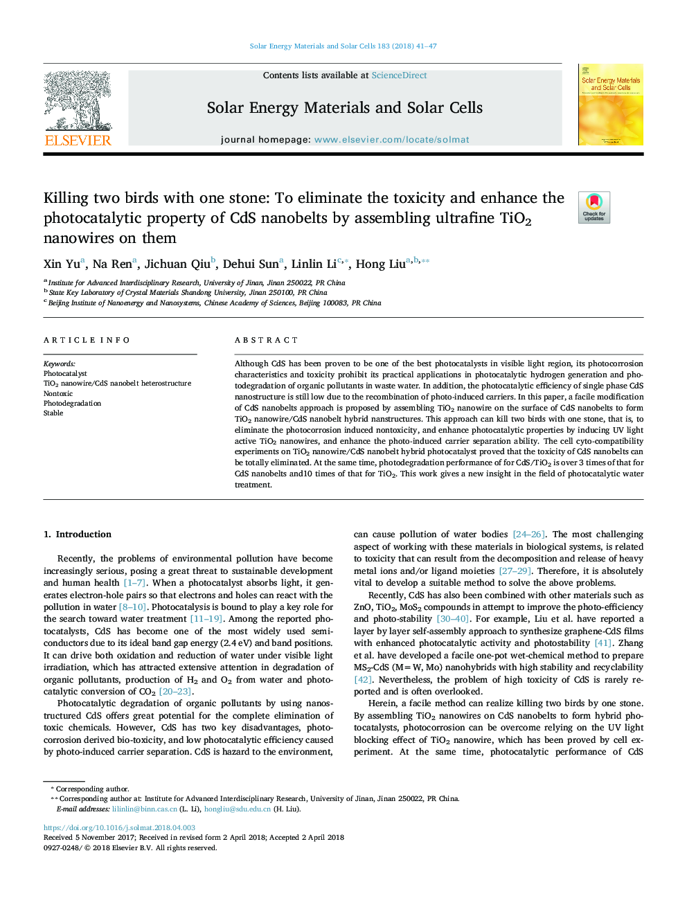 Killing two birds with one stone: To eliminate the toxicity and enhance the photocatalytic property of CdS nanobelts by assembling ultrafine TiO2 nanowires on them