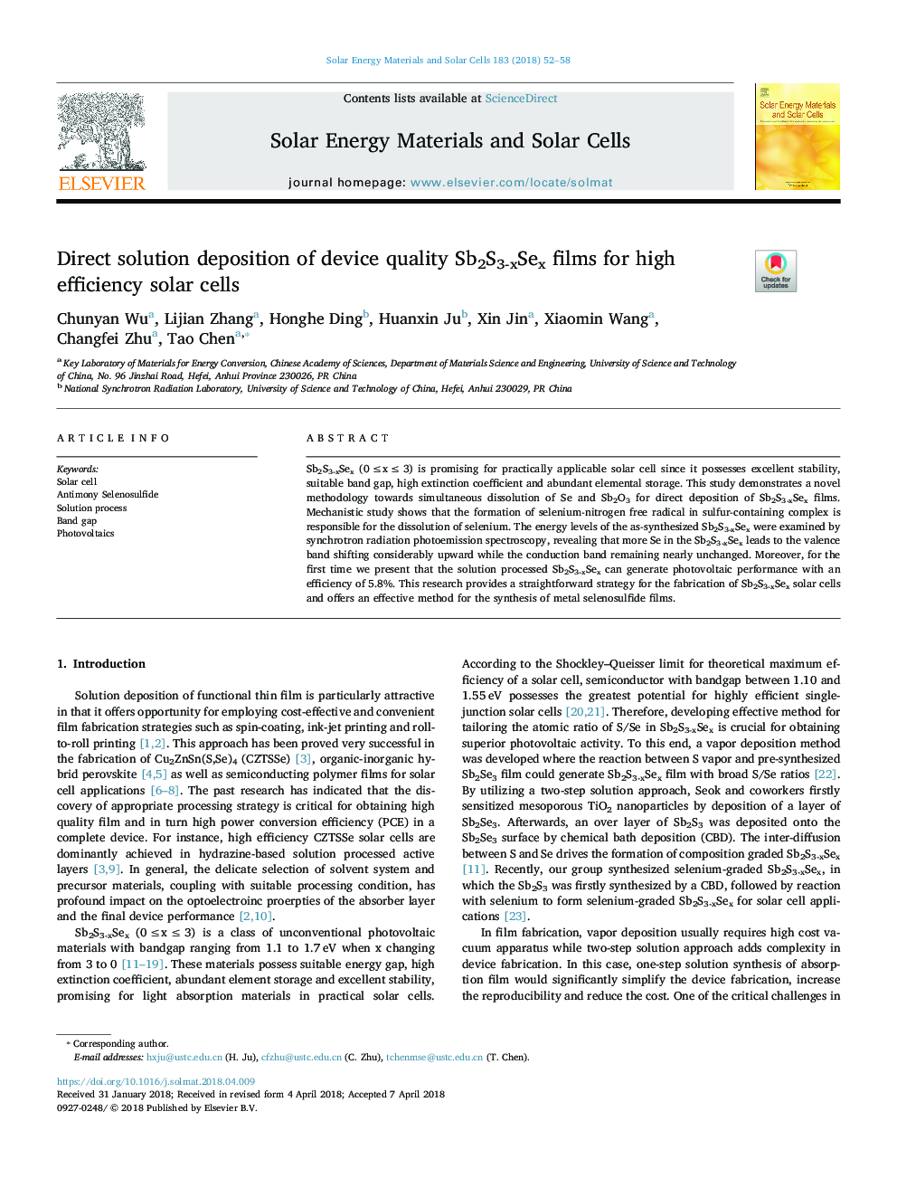 Direct solution deposition of device quality Sb2S3-xSex films for high efficiency solar cells