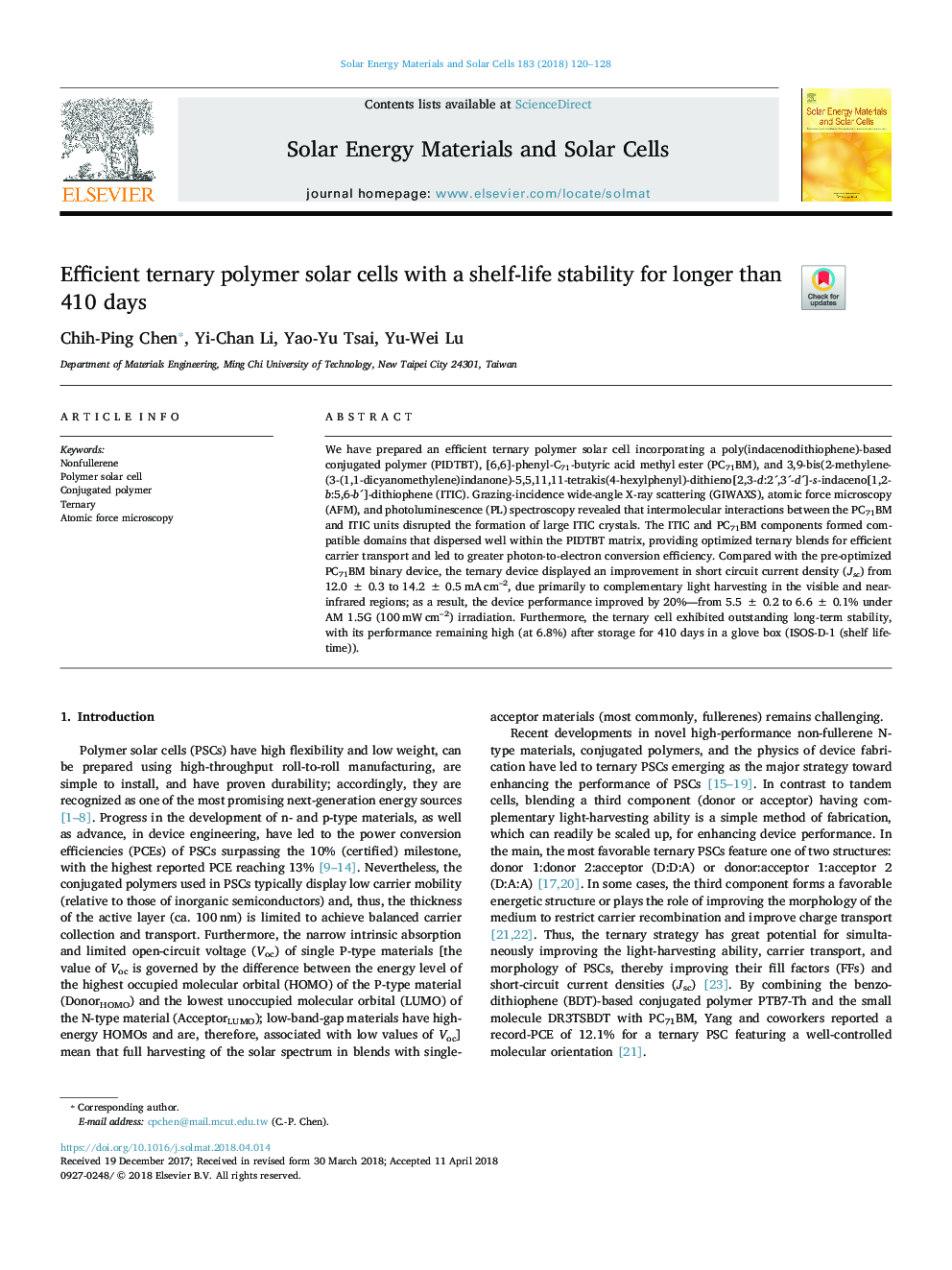 Efficient ternary polymer solar cells with a shelf-life stability for longer than 410 days