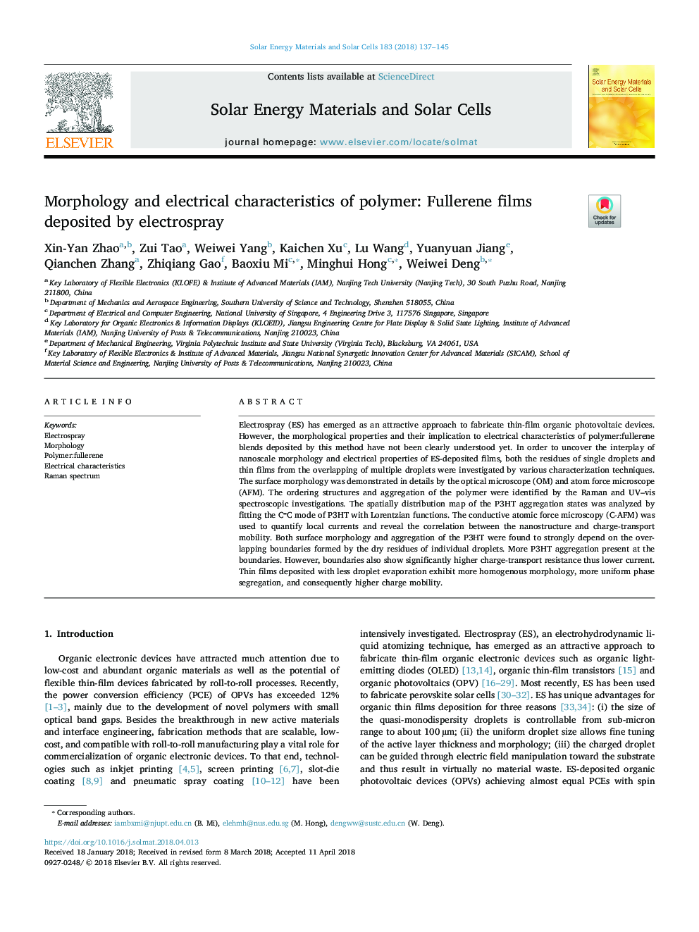 Morphology and electrical characteristics of polymer: Fullerene films deposited by electrospray