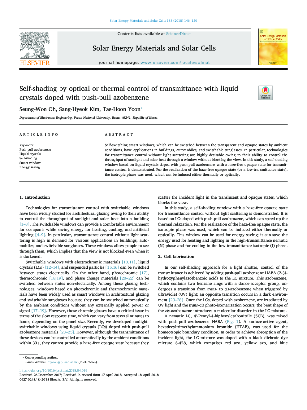 Self-shading by optical or thermal control of transmittance with liquid crystals doped with push-pull azobenzene