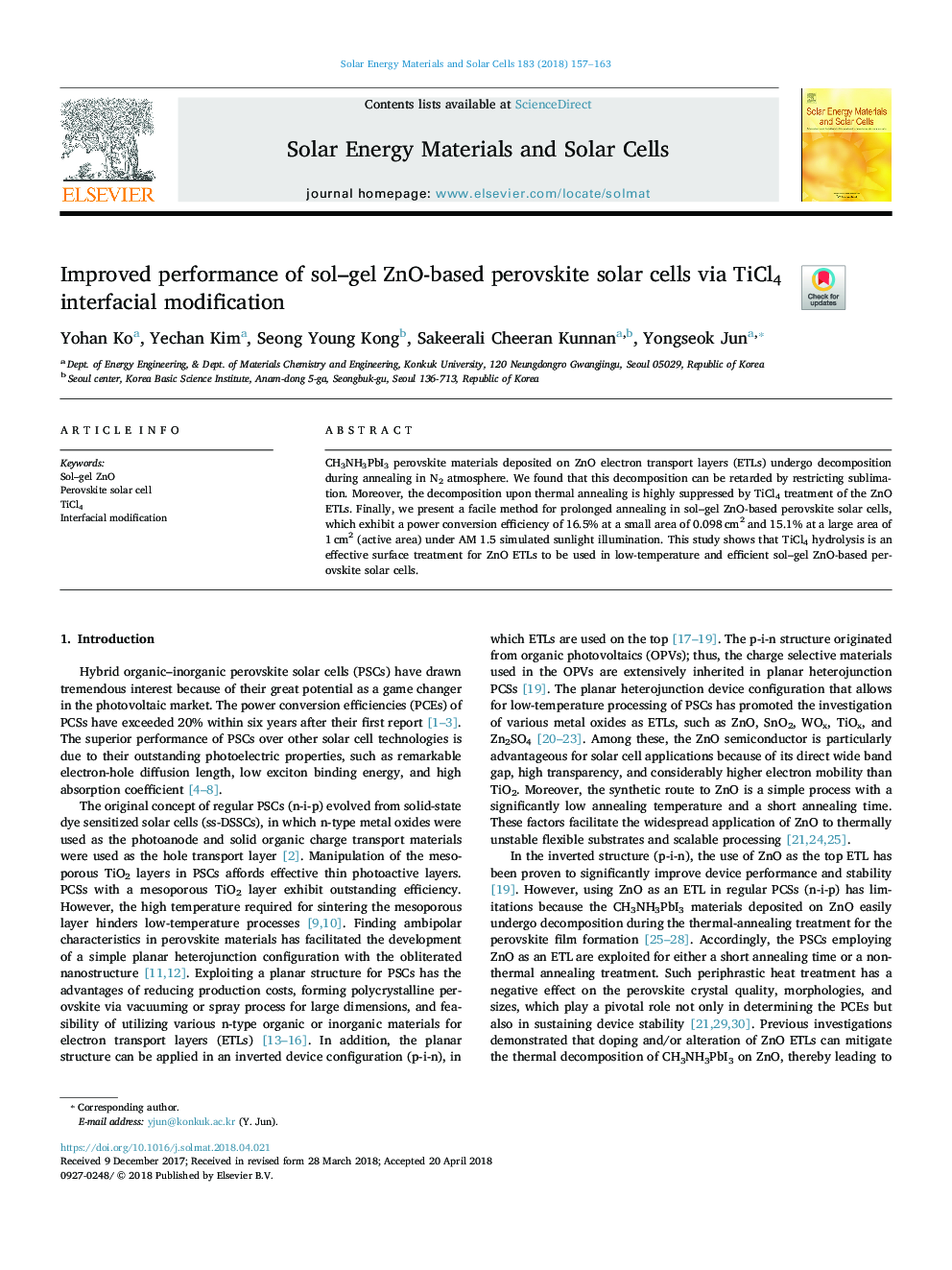 Improved performance of sol-gel ZnO-based perovskite solar cells via TiCl4 interfacial modification