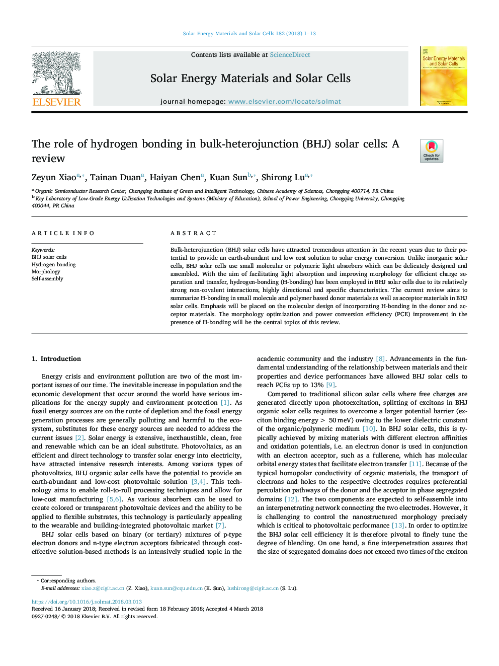 The role of hydrogen bonding in bulk-heterojunction (BHJ) solar cells: A review