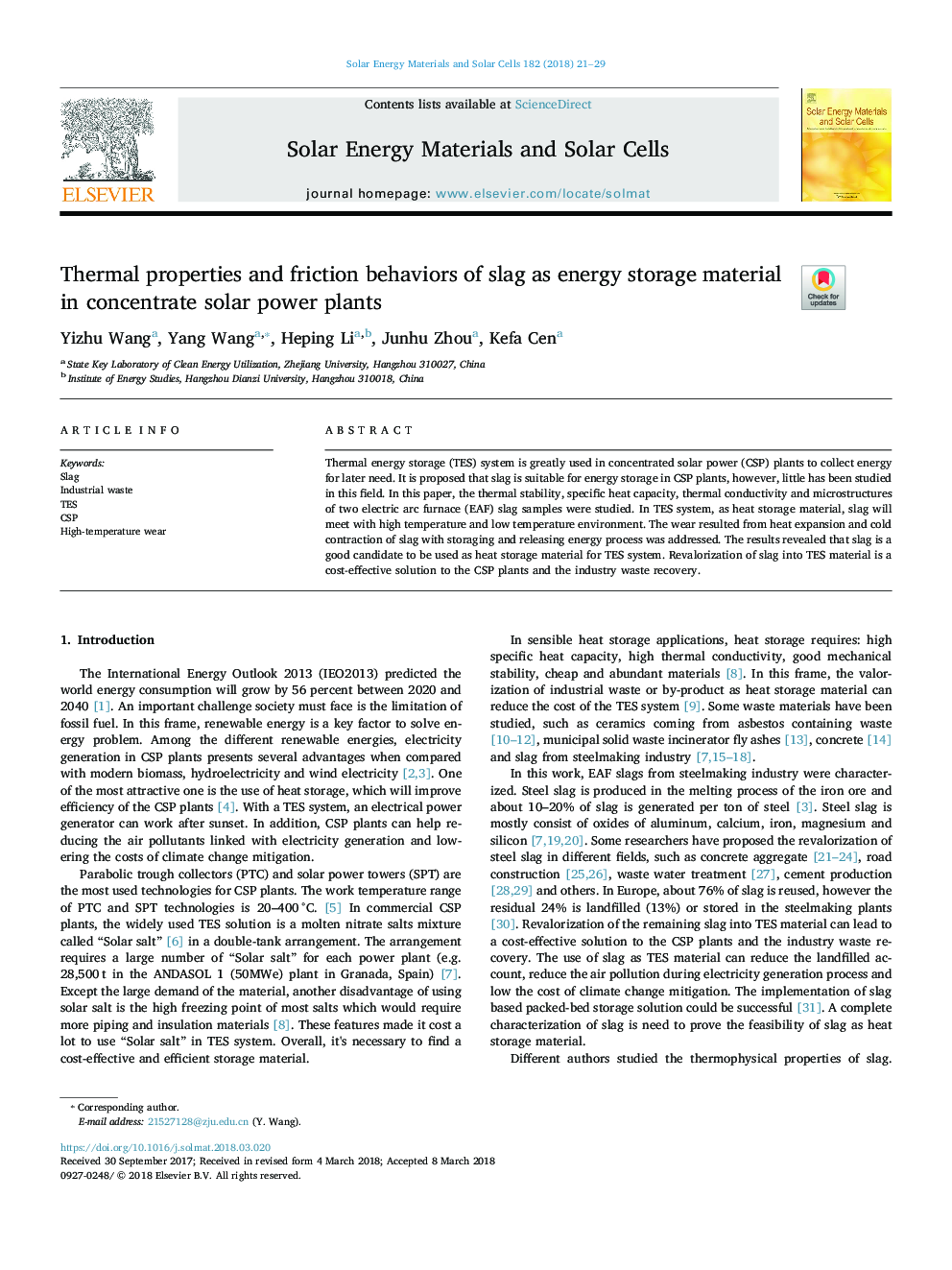 Thermal properties and friction behaviors of slag as energy storage material in concentrate solar power plants