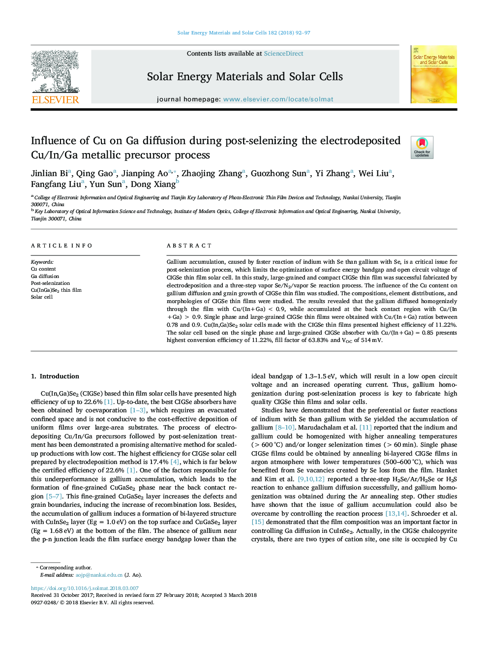 Influence of Cu on Ga diffusion during post-selenizing the electrodeposited Cu/In/Ga metallic precursor process