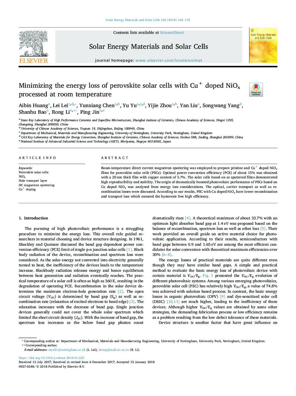 Minimizing the energy loss of perovskite solar cells with Cu+ doped NiOx processed at room temperature