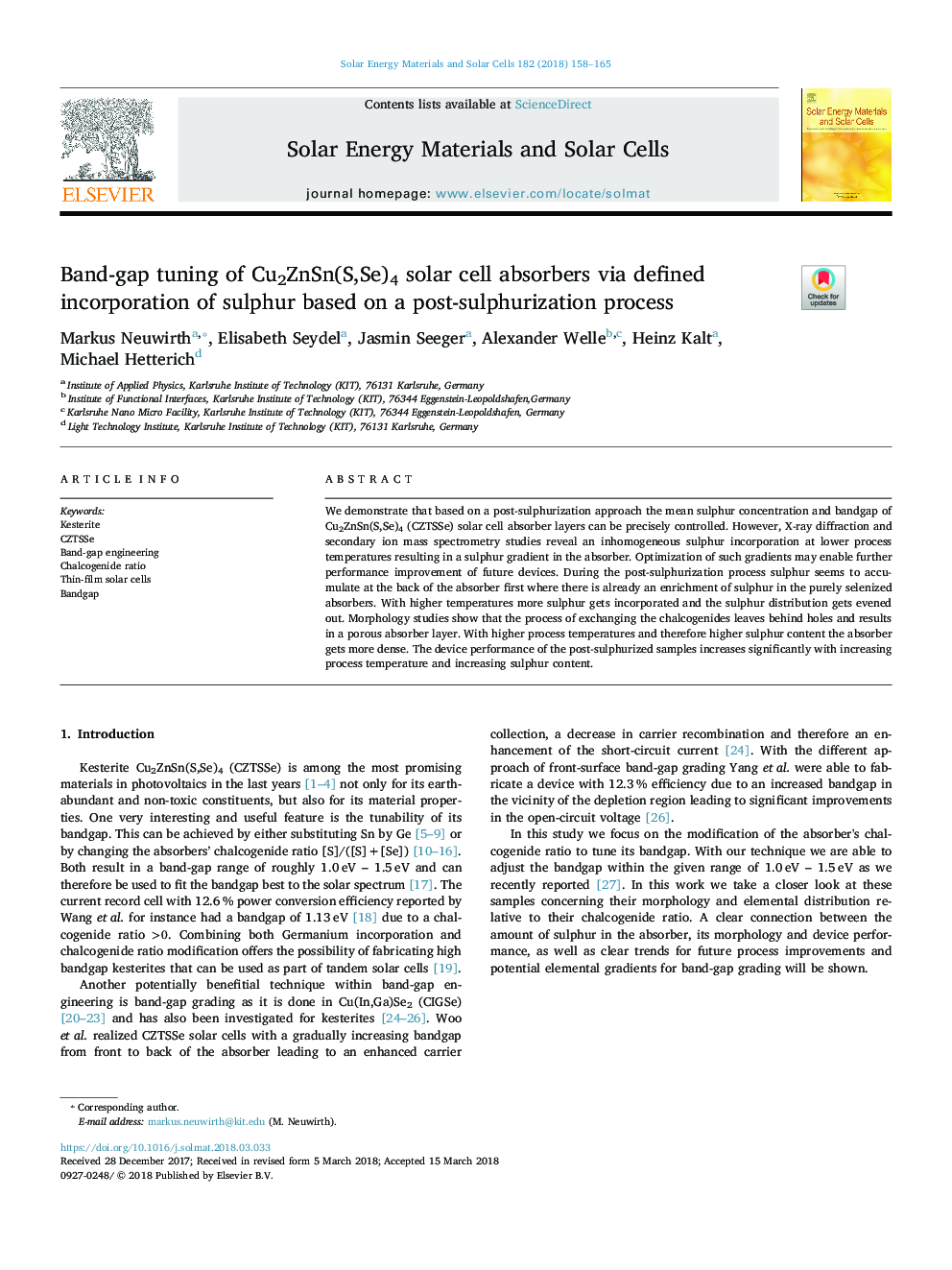 Band-gap tuning of Cu2ZnSn(S,Se)4 solar cell absorbers via defined incorporation of sulphur based on a post-sulphurization process