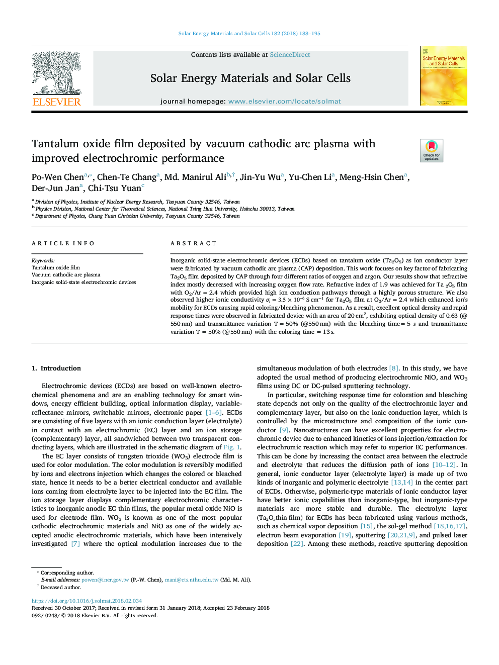 Tantalum oxide film deposited by vacuum cathodic arc plasma with improved electrochromic performance