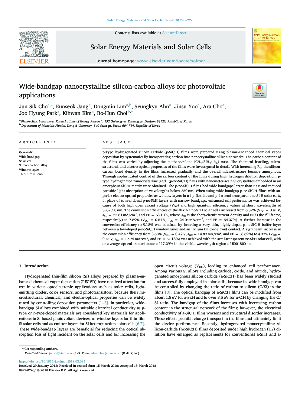 Wide-bandgap nanocrystalline silicon-carbon alloys for photovoltaic applications