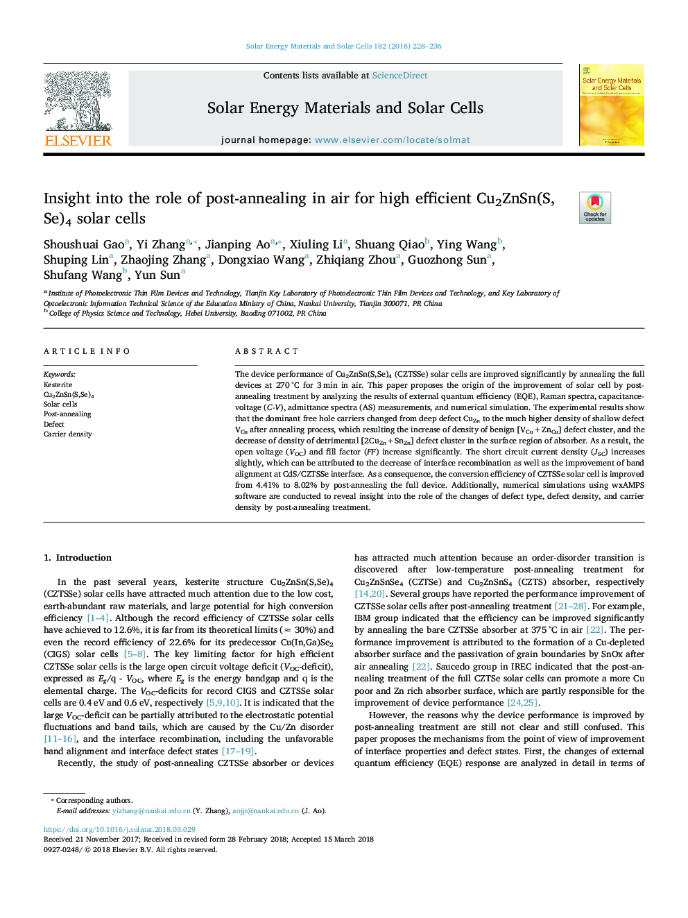 Insight into the role of post-annealing in air for high efficient Cu2ZnSn(S,Se)4 solar cells