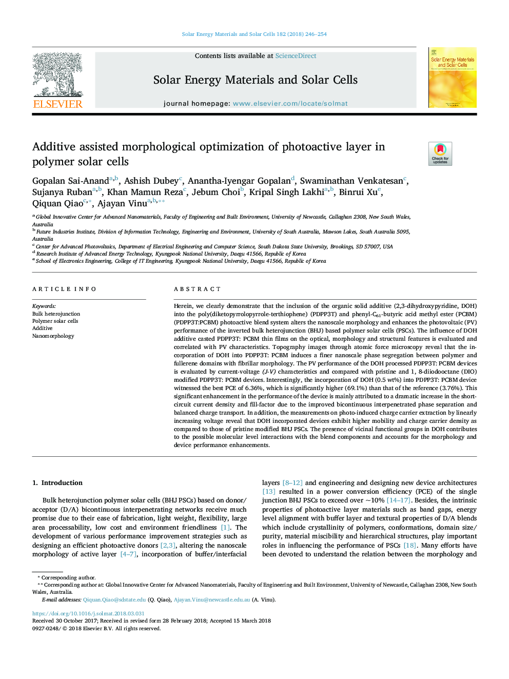 Additive assisted morphological optimization of photoactive layer in polymer solar cells