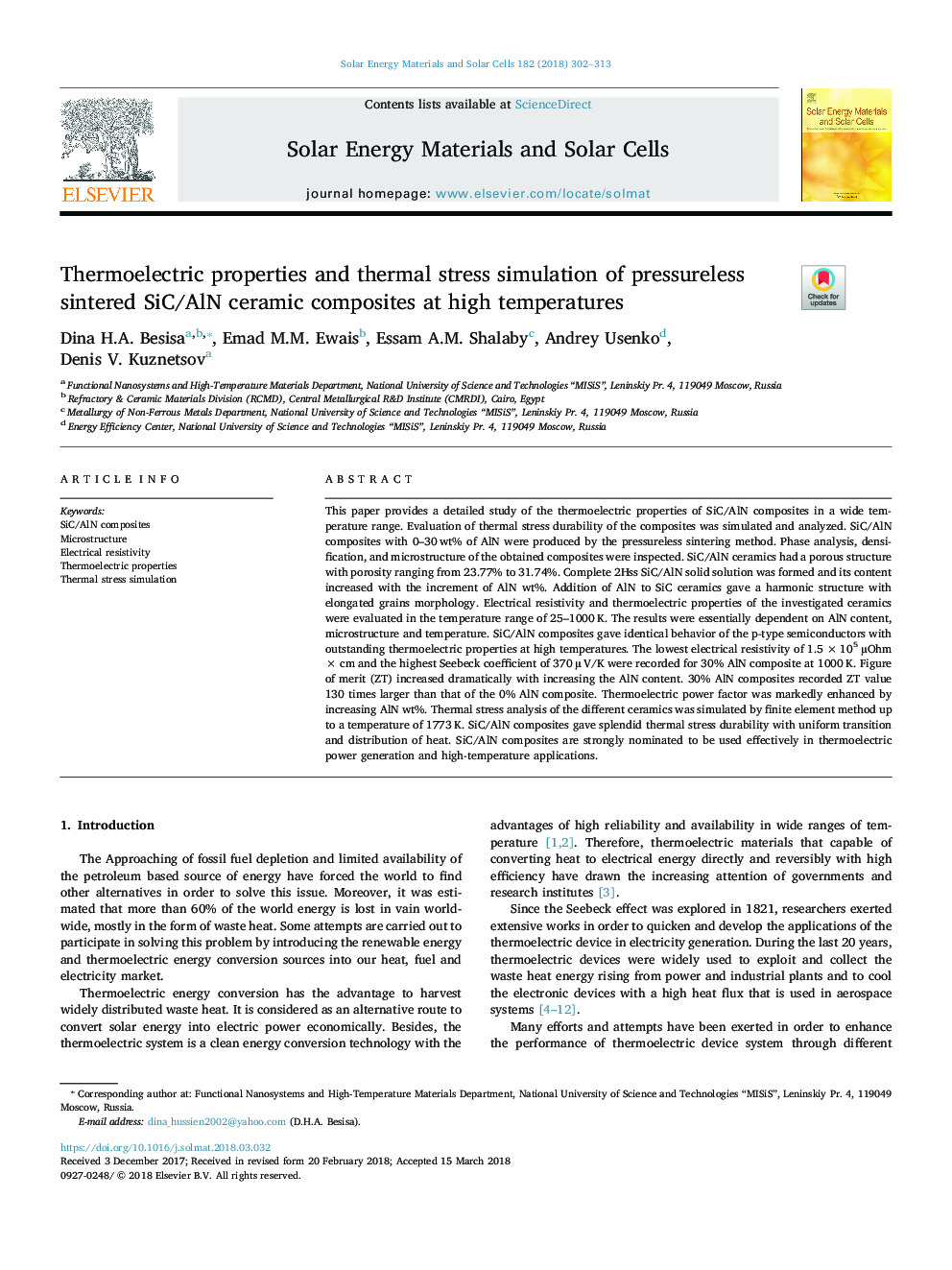 Thermoelectric properties and thermal stress simulation of pressureless sintered SiC/AlN ceramic composites at high temperatures