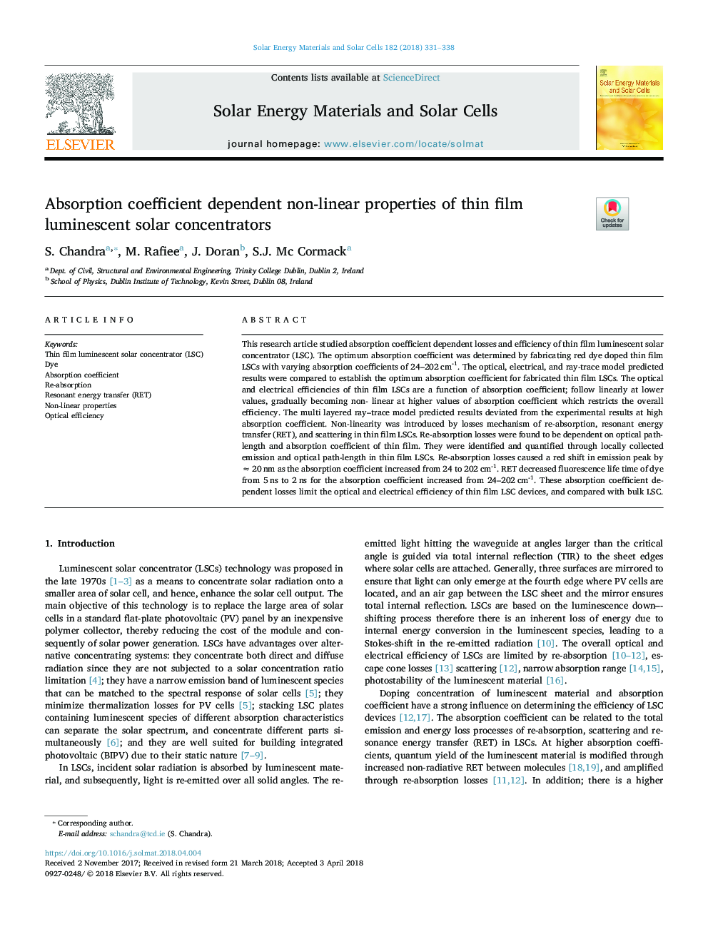 Absorption coefficient dependent non-linear properties of thin film luminescent solar concentrators