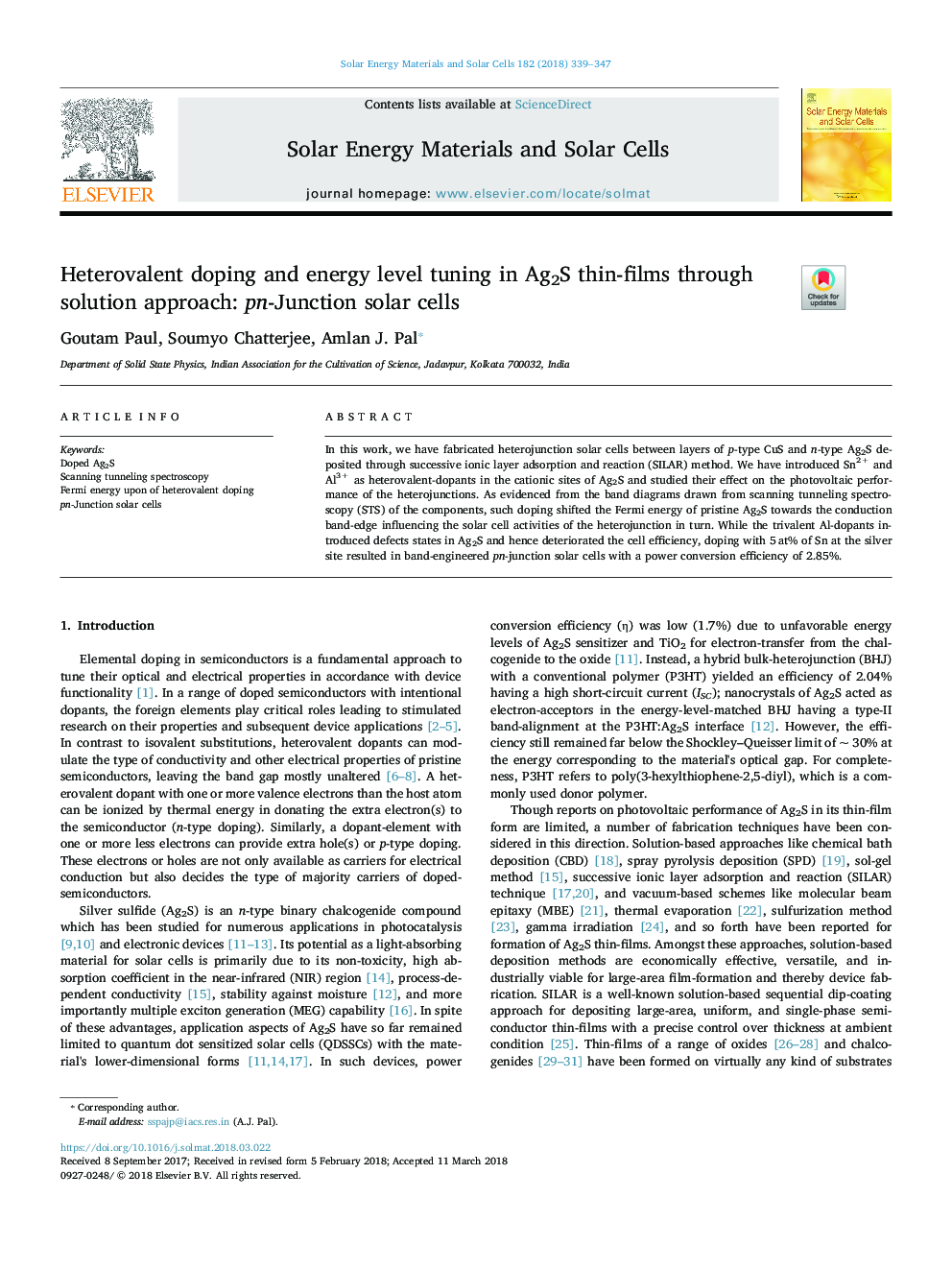 Heterovalent doping and energy level tuning in Ag2S thin-films through solution approach: pn-Junction solar cells