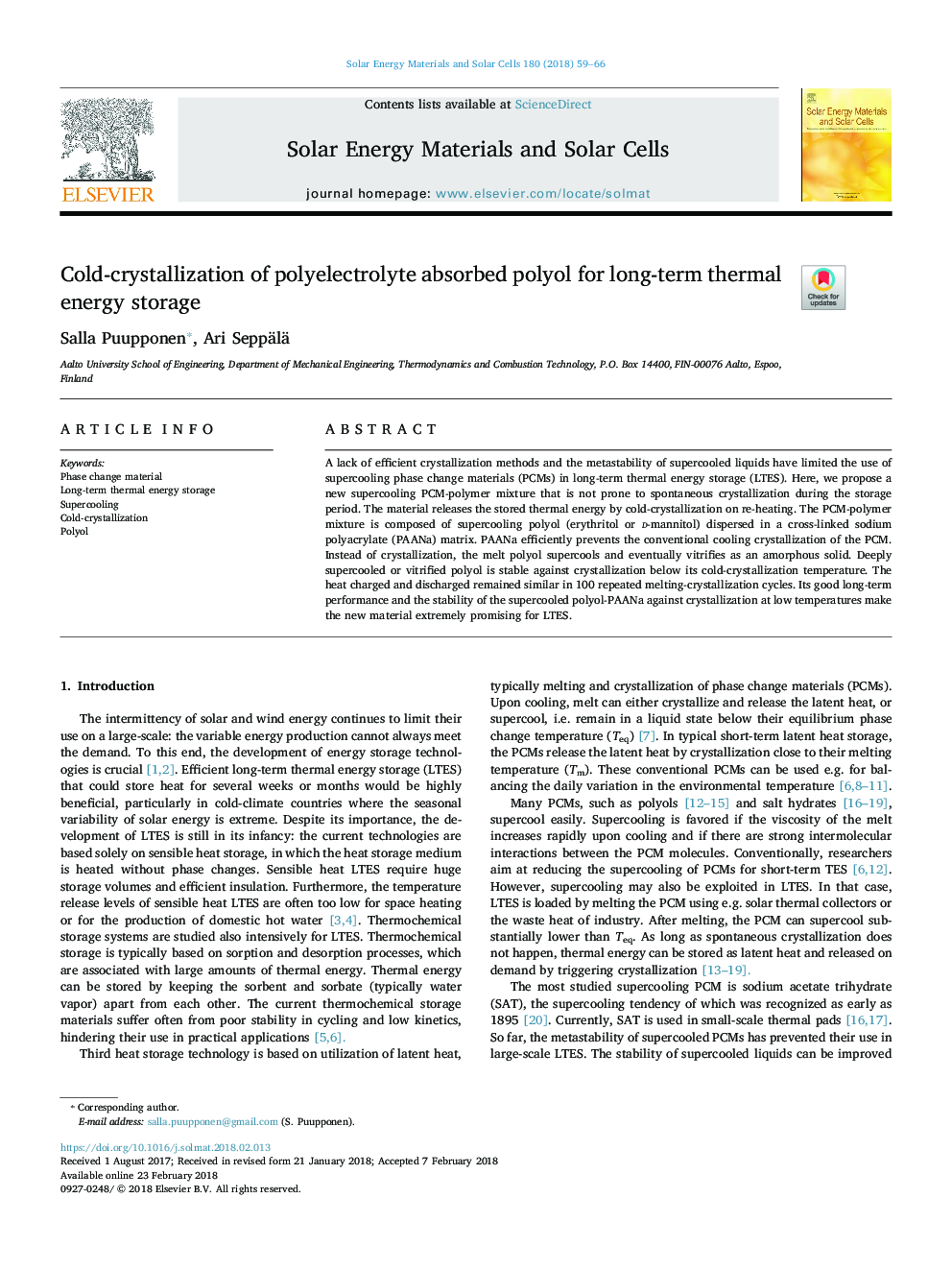 Cold-crystallization of polyelectrolyte absorbed polyol for long-term thermal energy storage