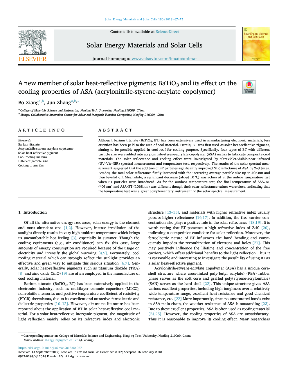 A new member of solar heat-reflective pigments: BaTiO3 and its effect on the cooling properties of ASA (acrylonitrile-styrene-acrylate copolymer)