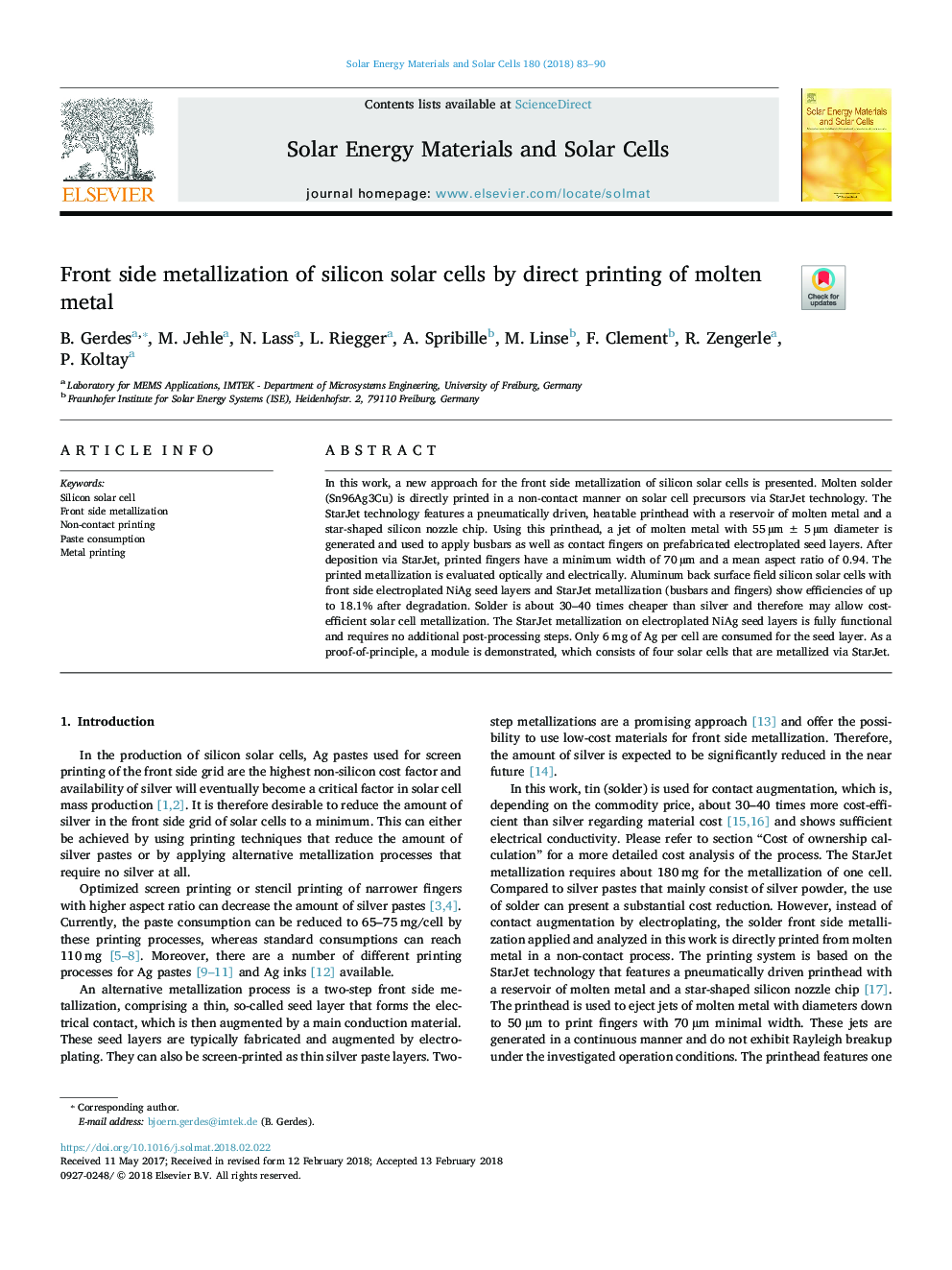 Front side metallization of silicon solar cells by direct printing of molten metal