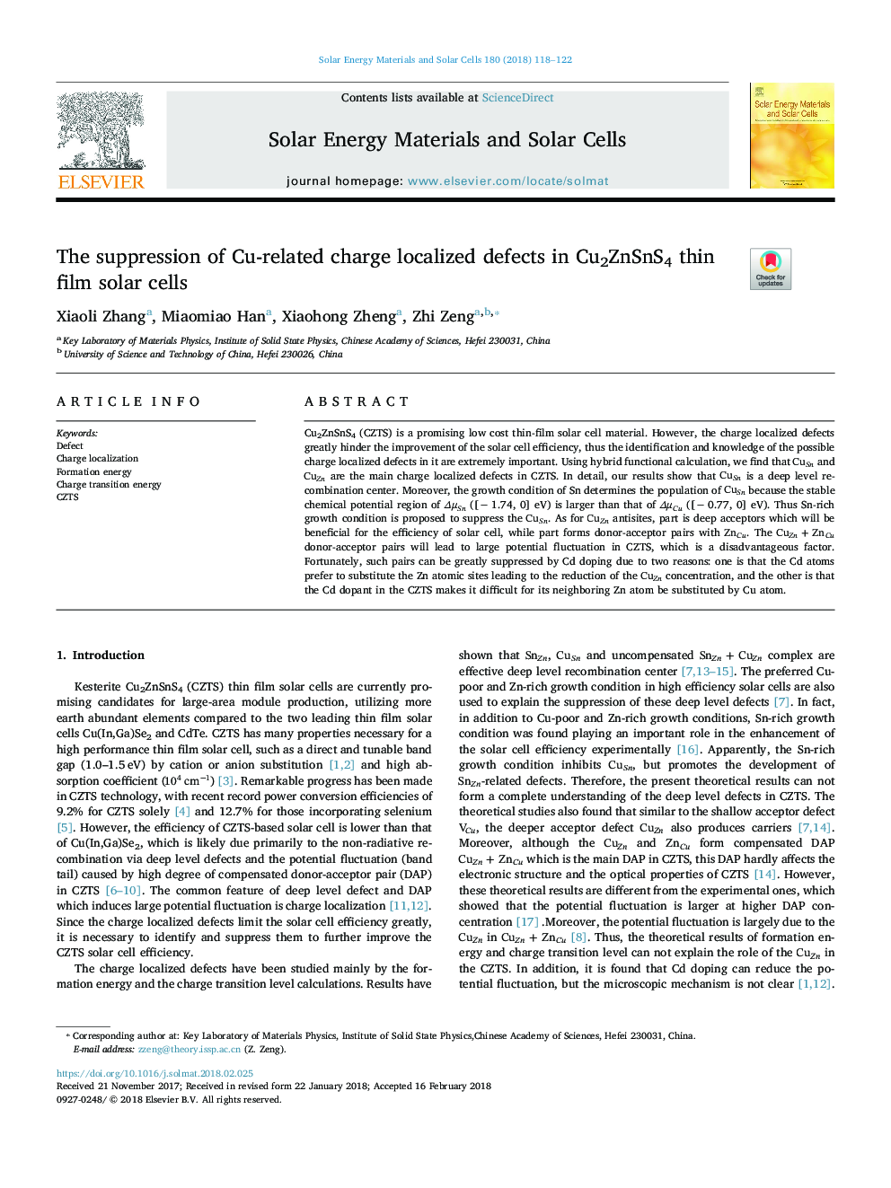 The suppression of Cu-related charge localized defects in Cu2ZnSnS4 thin film solar cells