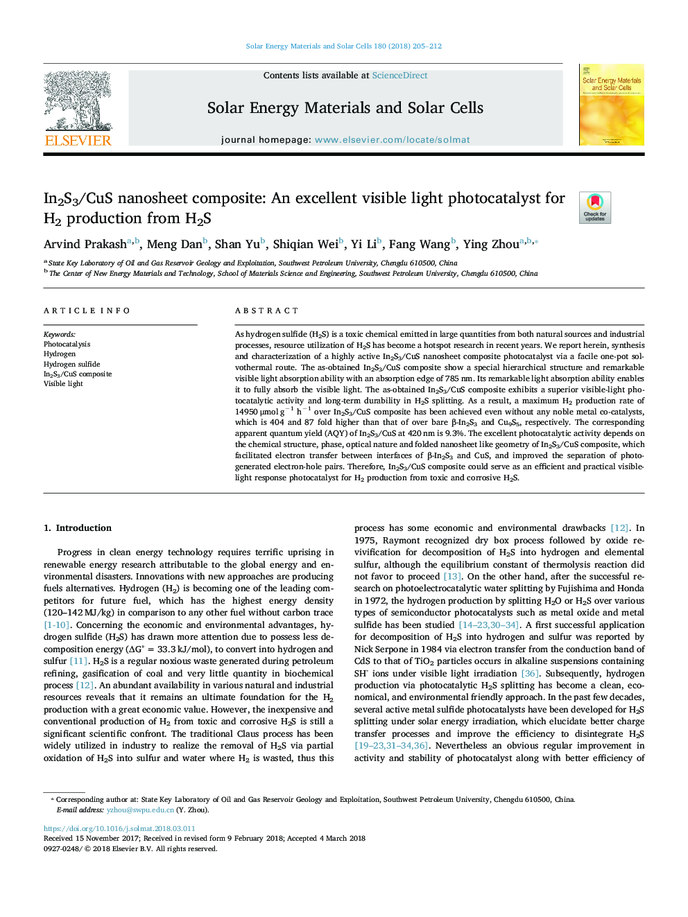 In2S3/CuS nanosheet composite: An excellent visible light photocatalyst for H2 production from H2S