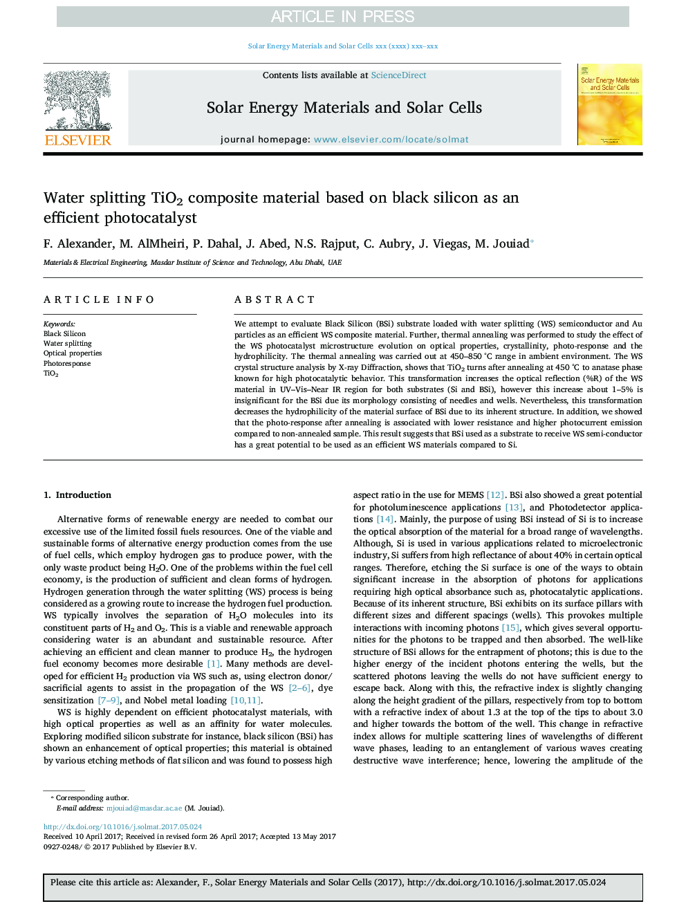 Water splitting TiO2 composite material based on black silicon as an efficient photocatalyst