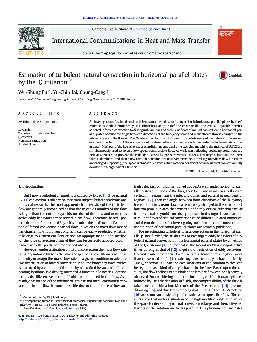 Estimation of turbulent natural convection in horizontal parallel plates by the Q criterion