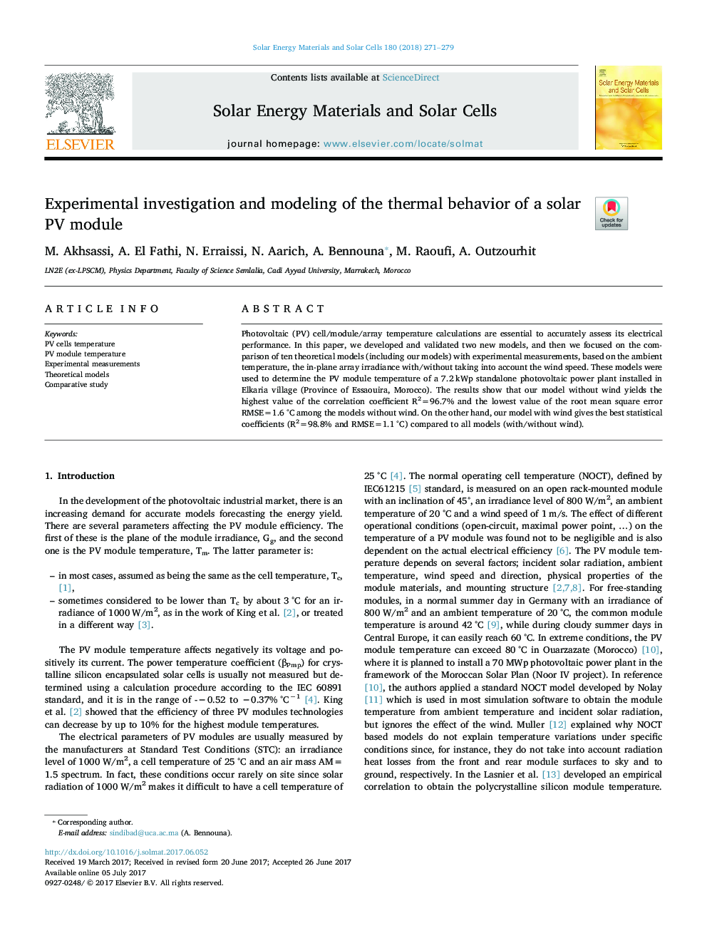 Experimental investigation and modeling of the thermal behavior of a solar PV module