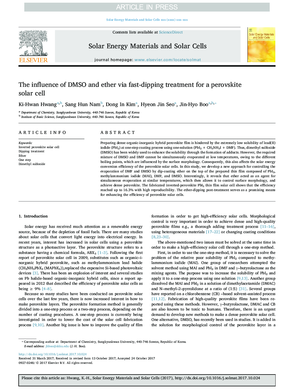 The influence of DMSO and ether via fast-dipping treatment for a perovskite solar cell