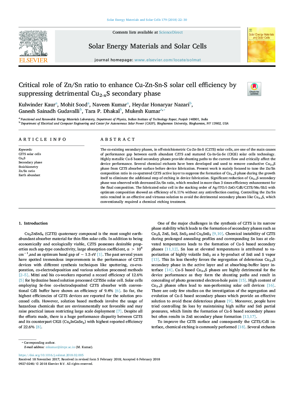 Critical role of Zn/Sn ratio to enhance Cu-Zn-Sn-S solar cell efficiency by suppressing detrimental Cu2-xS secondary phase